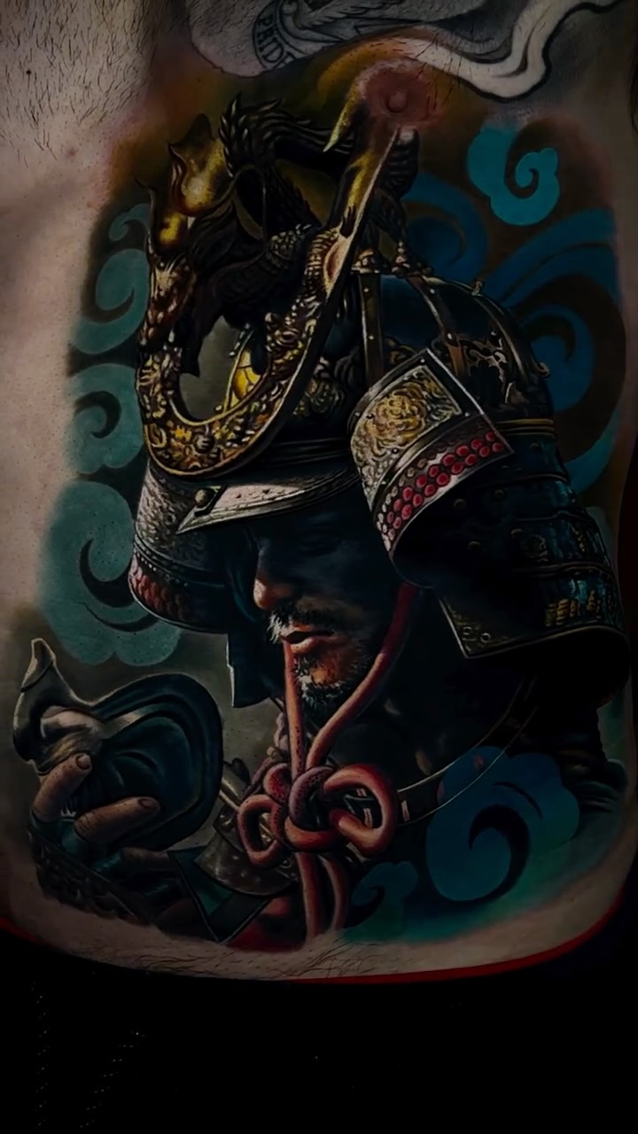 Lifelike samurai helm with golden details, blue wave backdrop