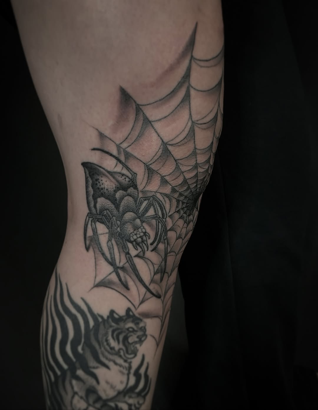 Intricate blackwork spider on sprawling forearm web, tiger below