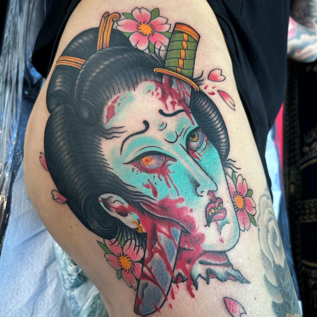 Vibrant geisha portrait with pink blossoms, bold lines