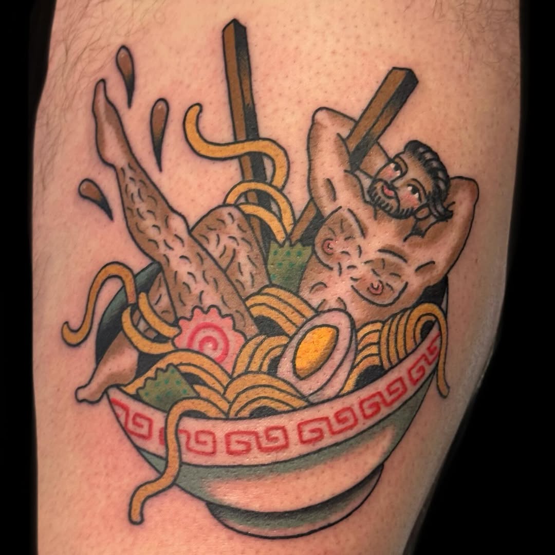 Playful traditional pin-up man submerged in ramen bowl.