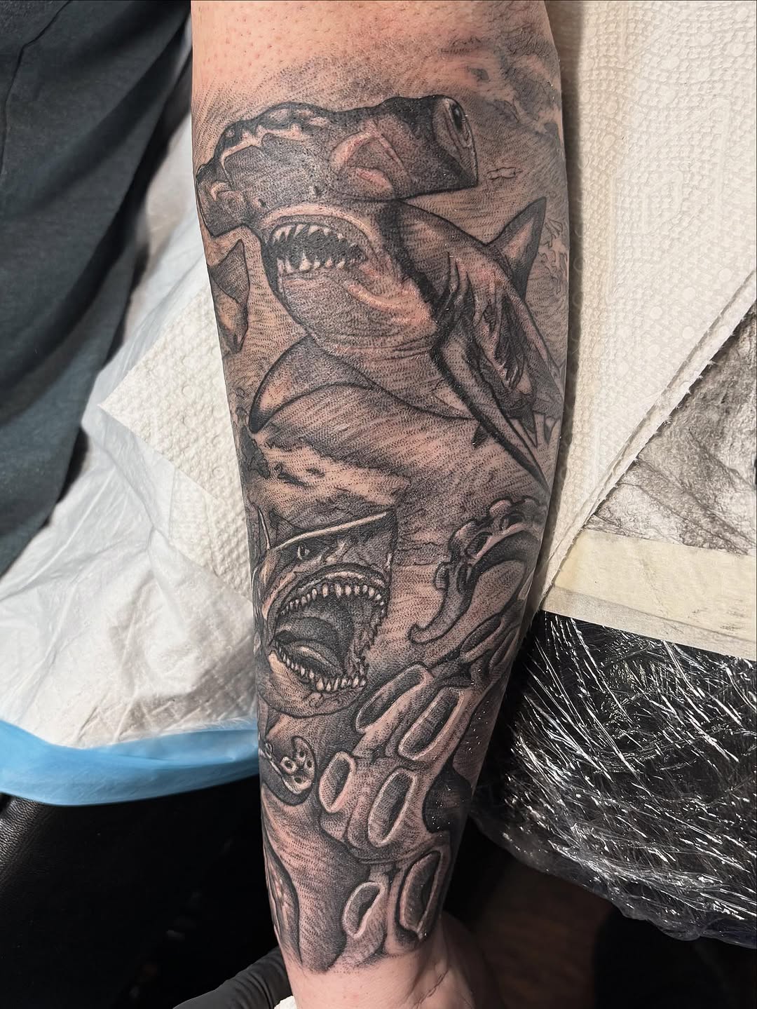 Powerful underwater shark with bold shading and texture