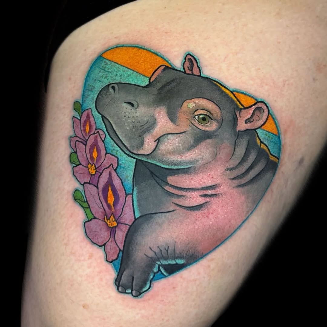 Bold neo-traditional hippo with purple orchids