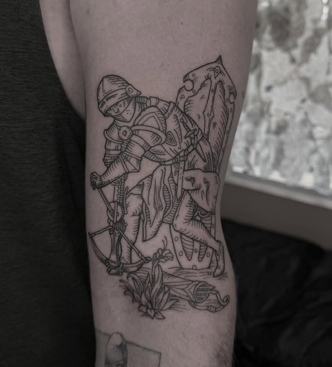 Genoese crossbowman in etched armor, bold linework