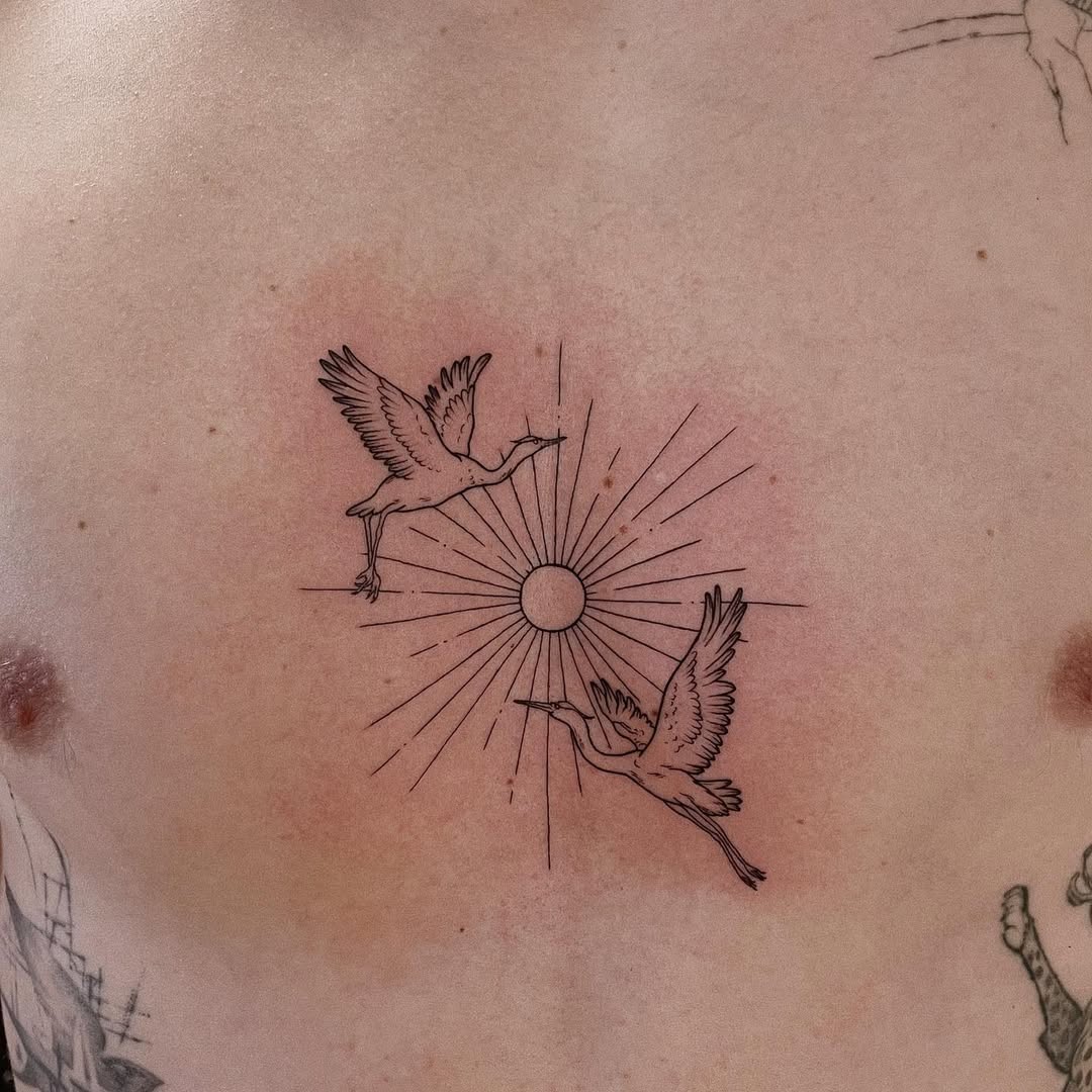 Two cranes in flight around a radiant sunburst, minimalist linework