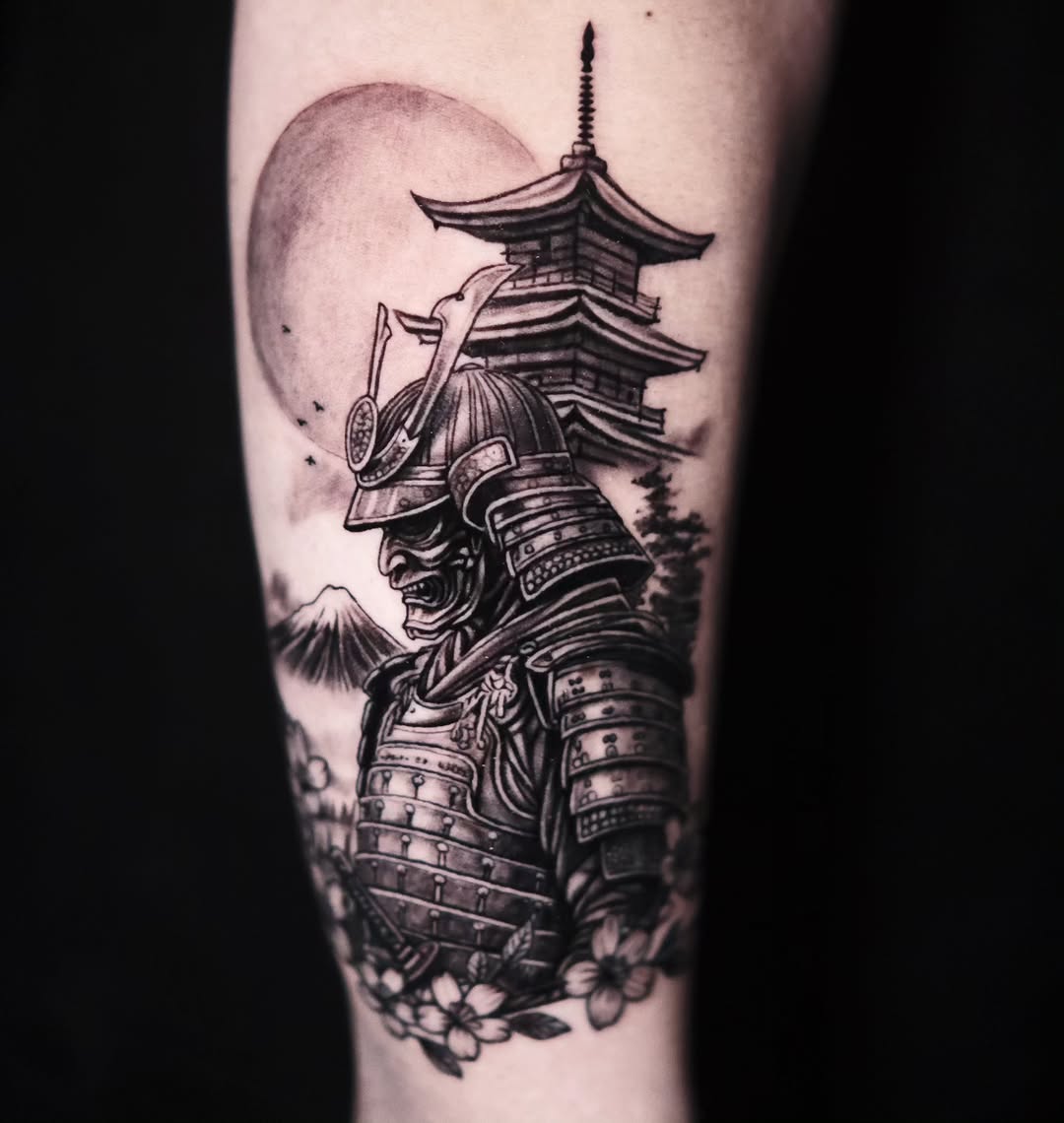 Striking black-and-gray samurai armor with pagoda backdrop