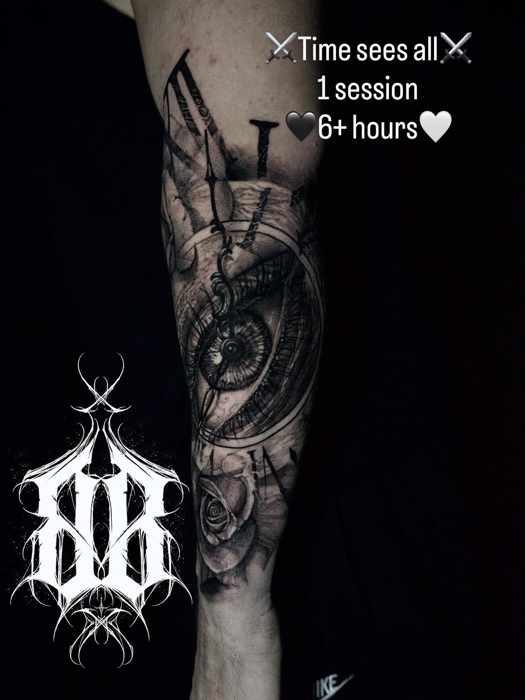 Intricate blackwork realism of an eye within clockwork.