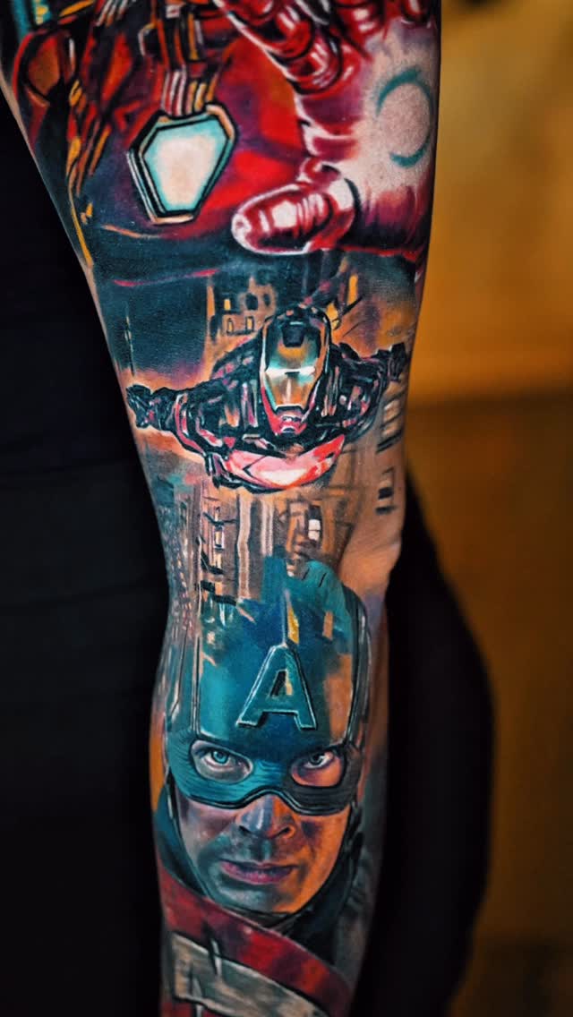 Vibrant Marvel color sleeve with Captain America and Iron Man
