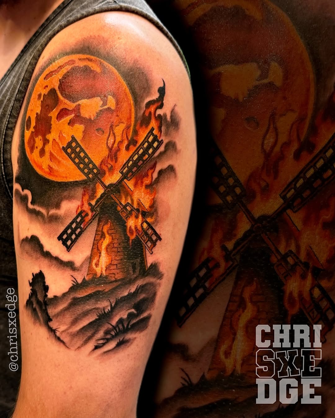 Bold neo-traditional windmill engulfed in flames beneath moon
