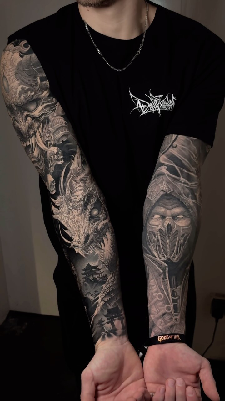 Hyper-detailed black-and-gray Japanese sleeve with dragon and armor