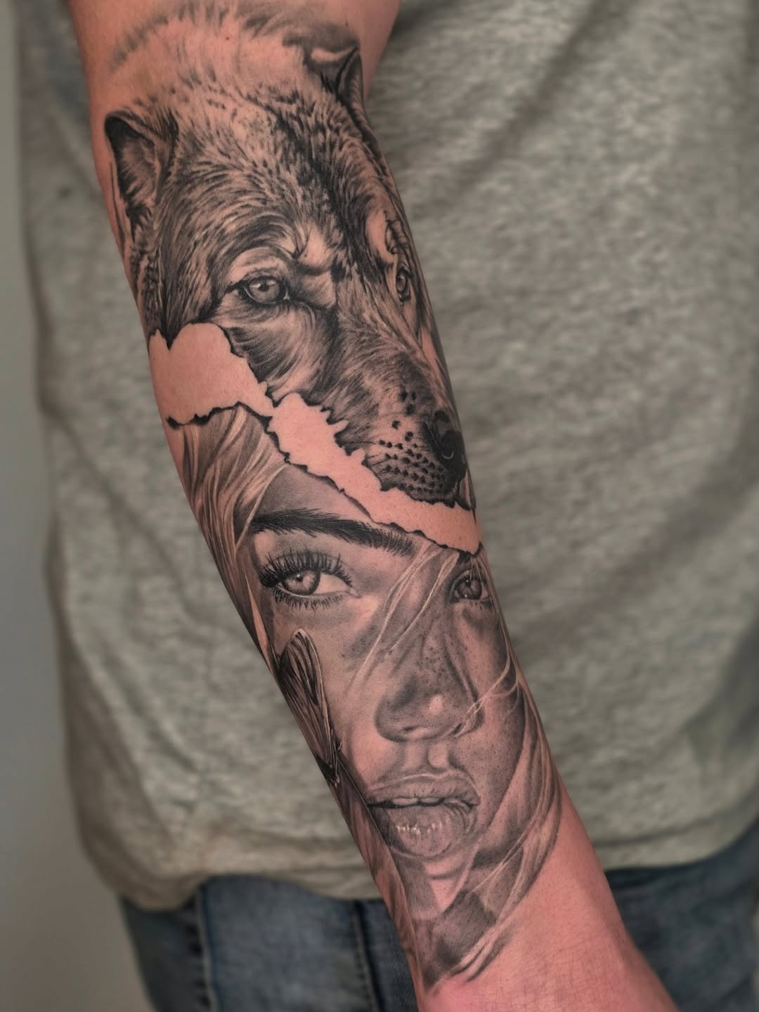 Hyper-detailed black-and-gray wolf and portrait sleeve composition