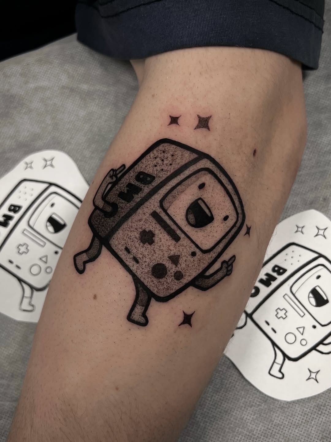 Playful BMO with bold linework, dancing pose, dot shading