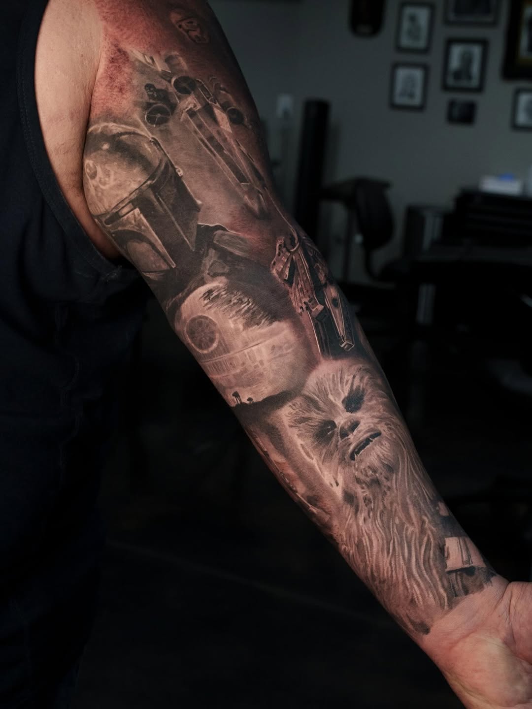 Hyper-detailed black-and-gray Star Wars sleeve montage