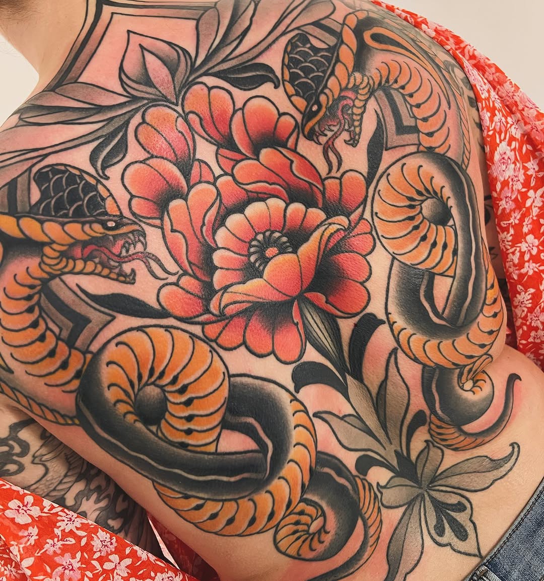 Coiled orange snakes surround bold red flowers in neo-traditional style