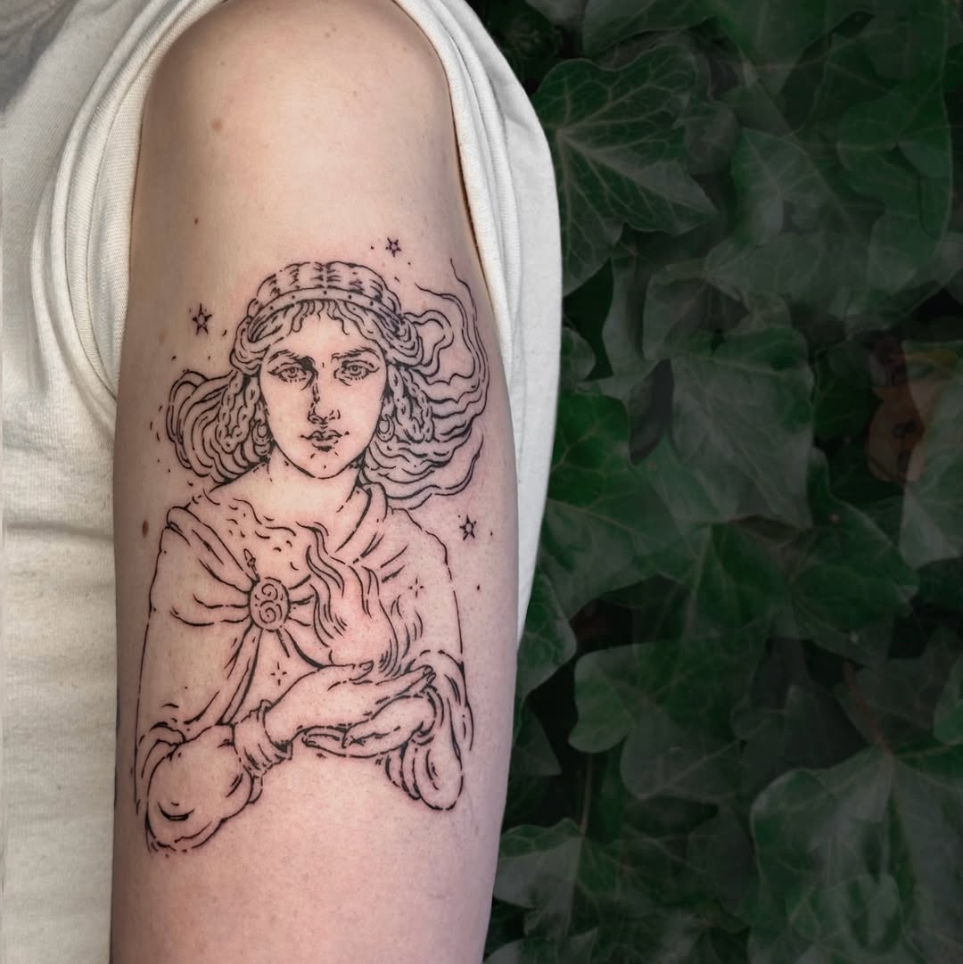 Goddess Brigid in delicate Celtic linework, celestial stars
