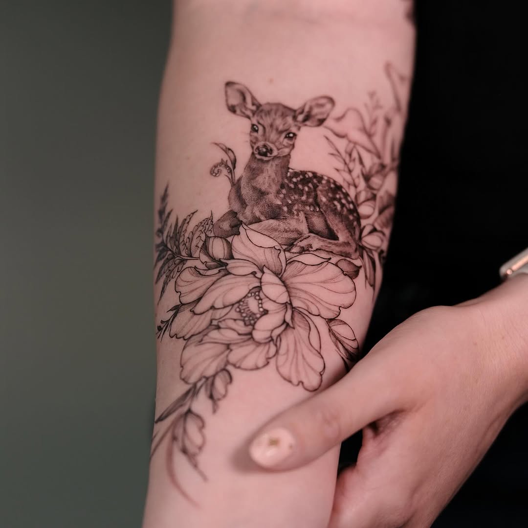 Delicate fawn nestled among lush florals in fine-line realism.