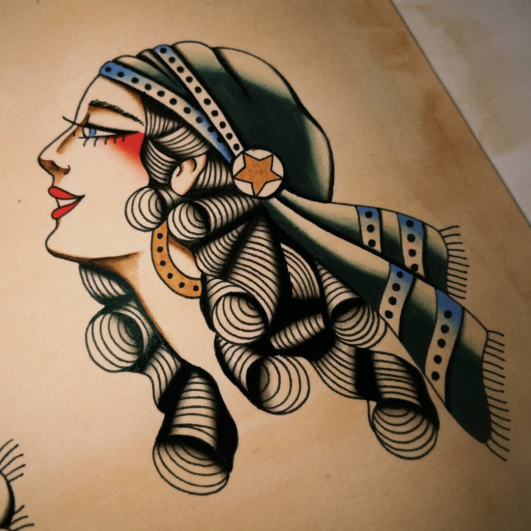 Bold neo-traditional female portrait with striped headscarf.