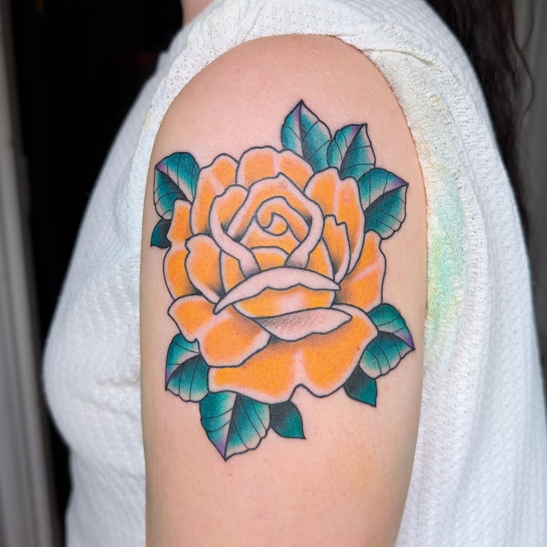 Bold orange rose with teal leaves, crisp lines