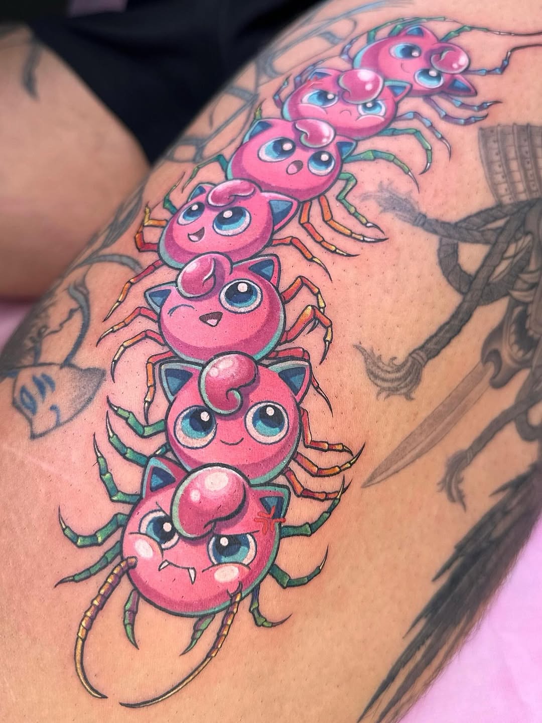 Vibrant linework of stacked pink cartoon crabs with big eyes