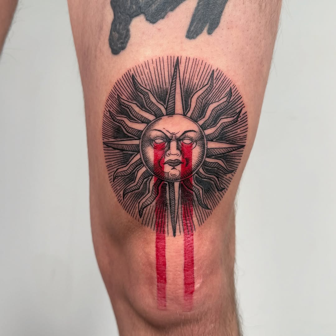 Intricate sun-engraving with fierce linework and crimson tears