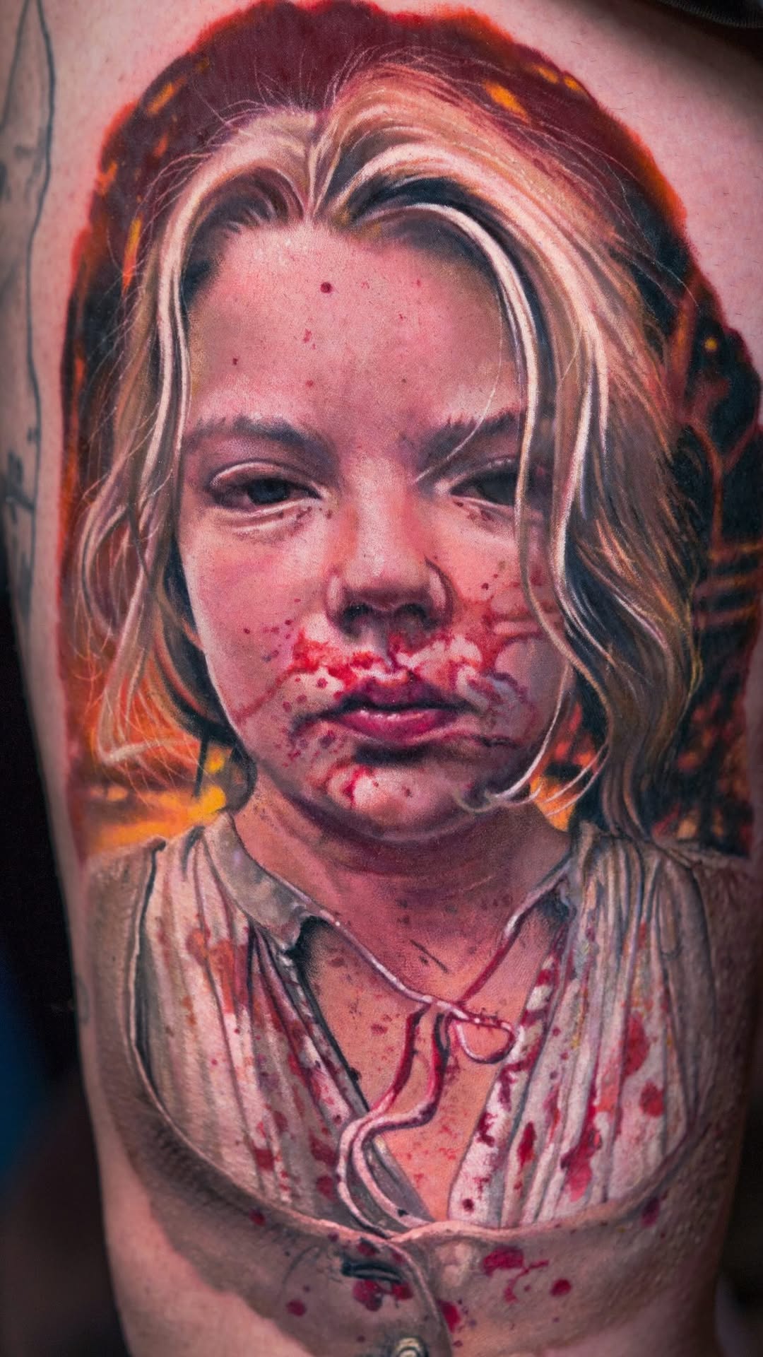 Hyper-realistic child portrait with dramatic blood splatter