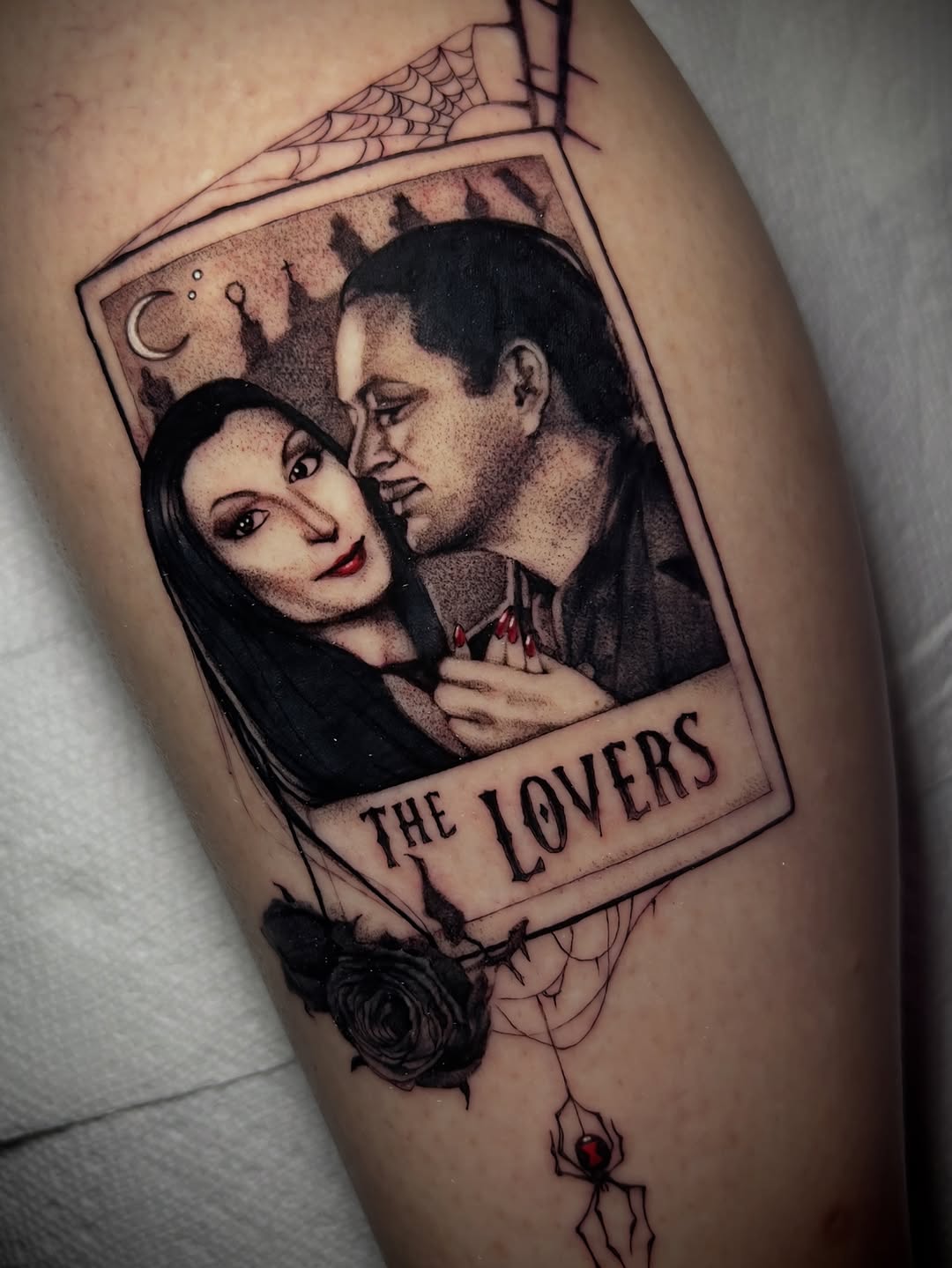 Gothic The Lovers tarot card portrait of Morticia and Gomez.