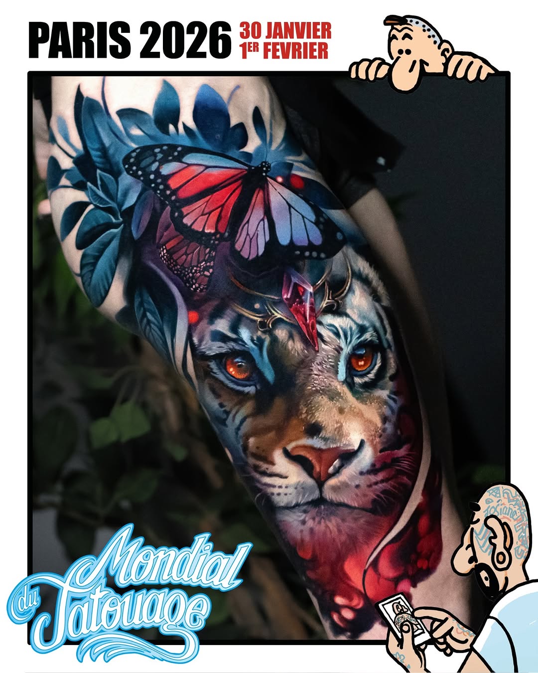 Vibrant tiger-face forearm tattoo with a butterfly.