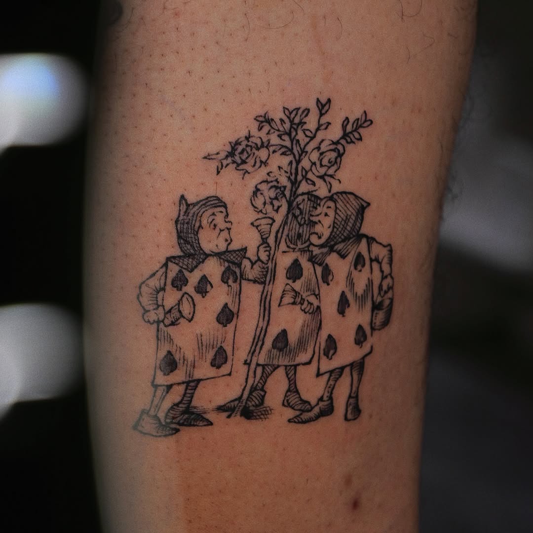 Three spade-clad gardeners in vintage engraving linework