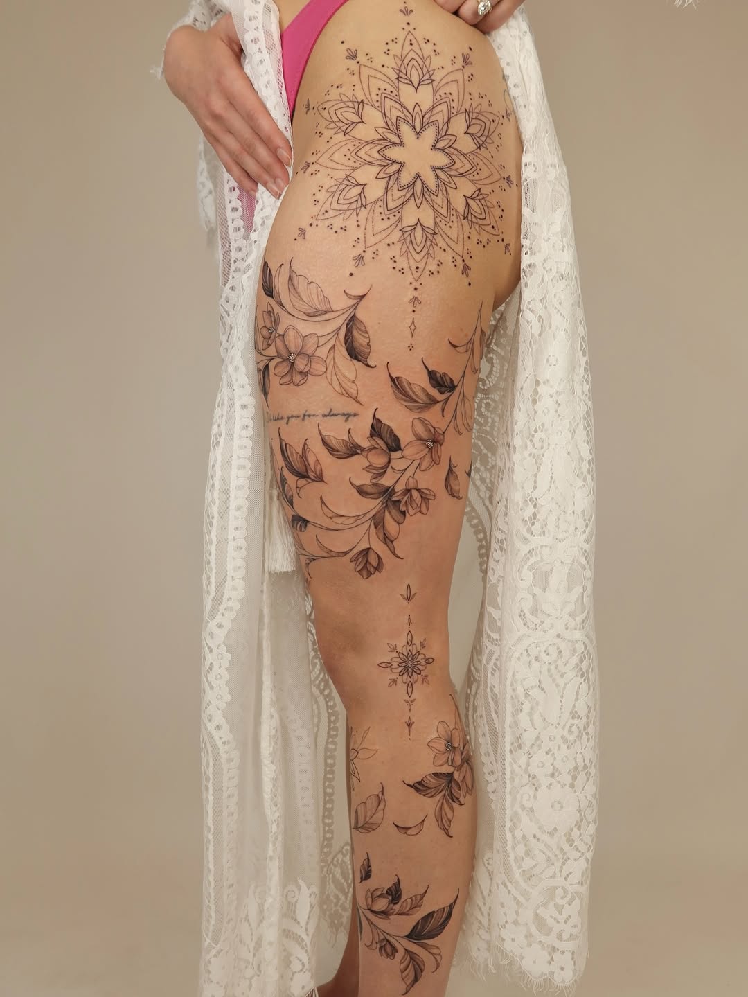 Ornate leg floral sleeve with mandala centerpiece