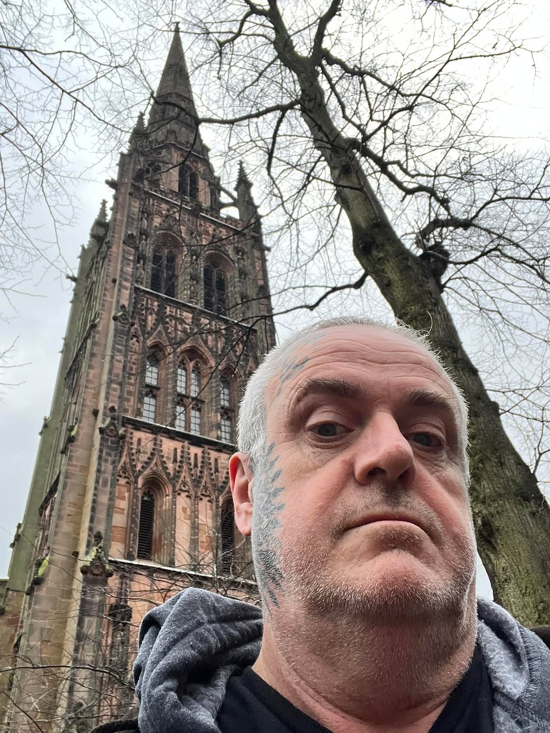 Bold blue cheek linework forming geometric chevrons