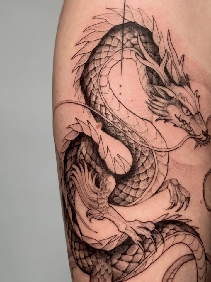 Coiled black-gray dragon with intricate scalework and claws