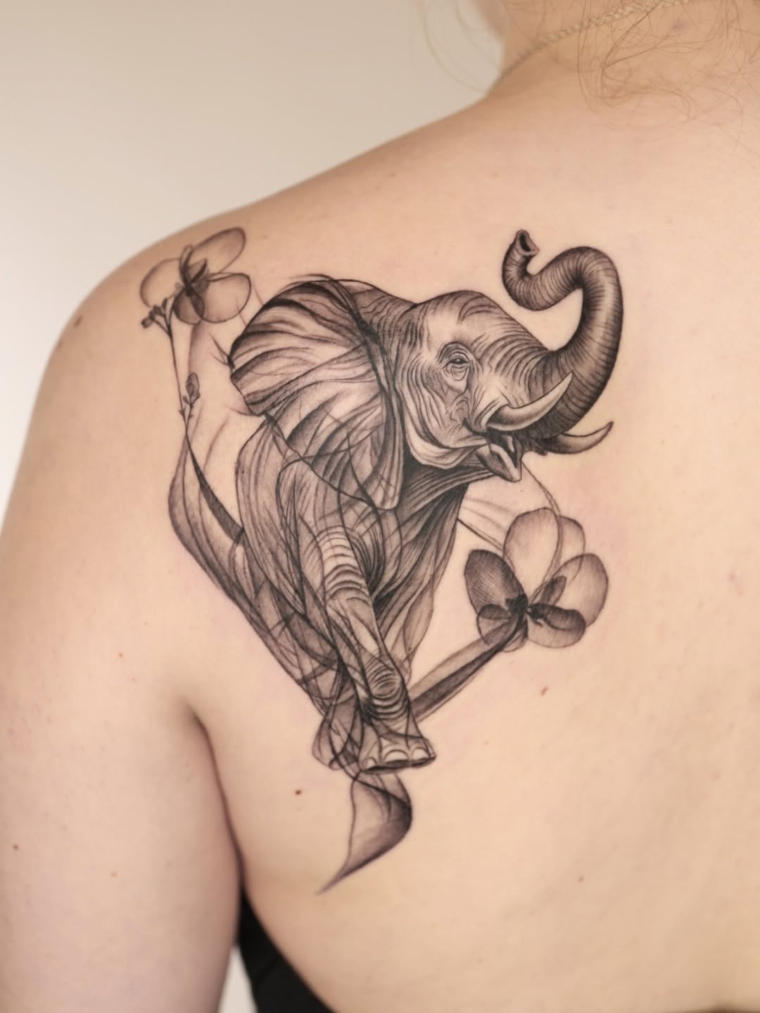 Whispy smoky elephant with delicate blooming flowers.