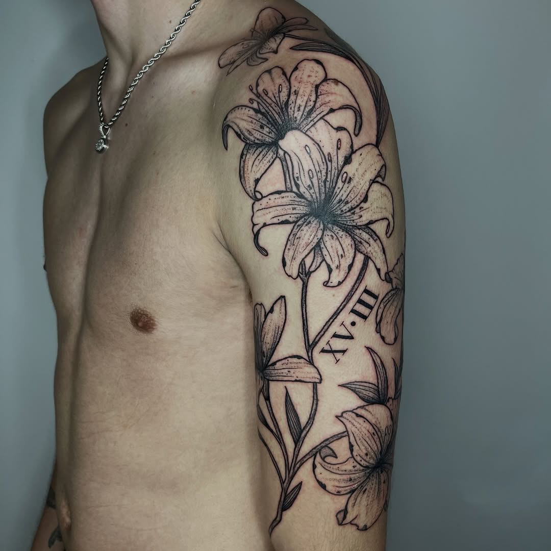 Elegant lily blossoms in crisp linework with dot shading.