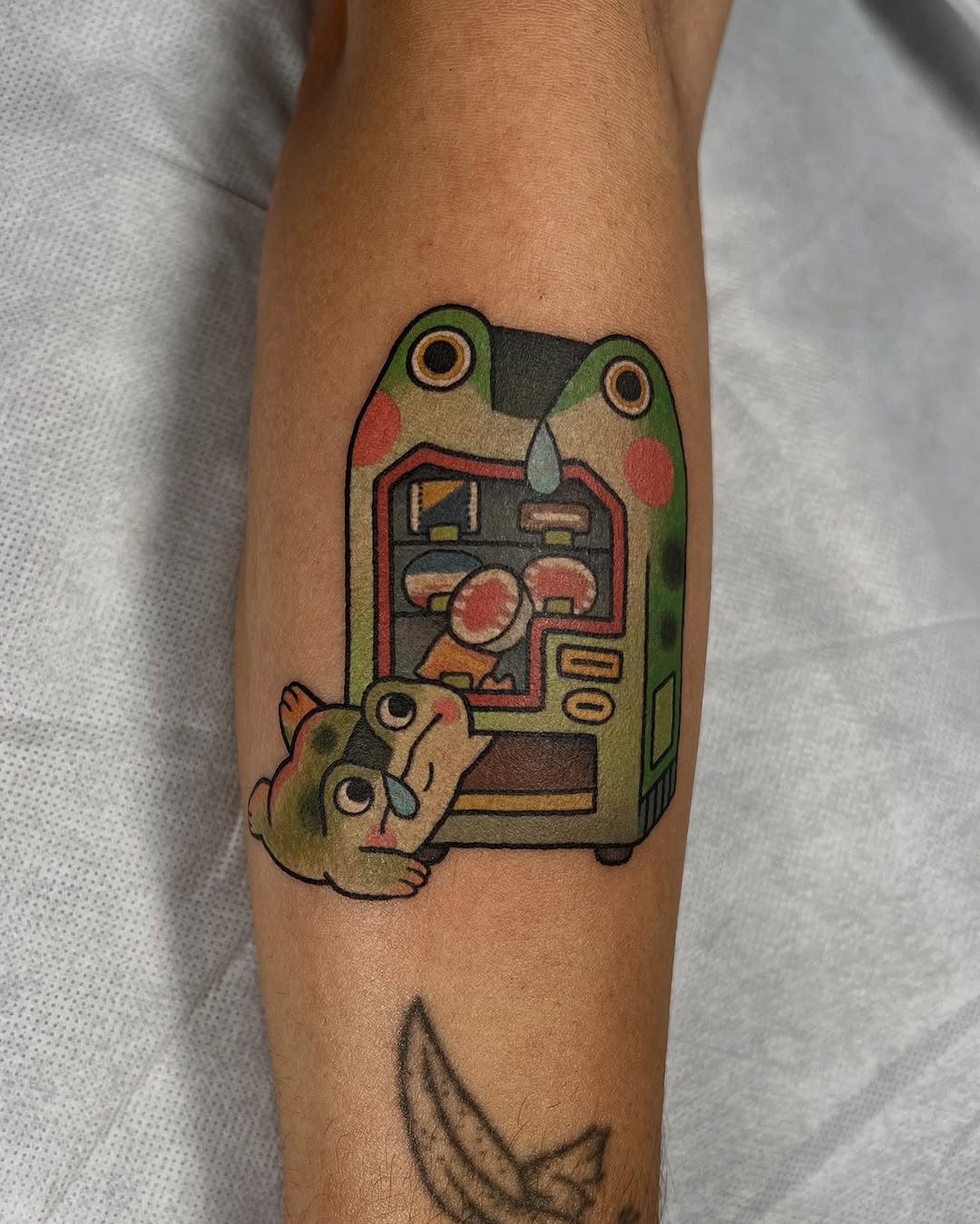 Playful frog peeks from retro vending machine, bold colors.