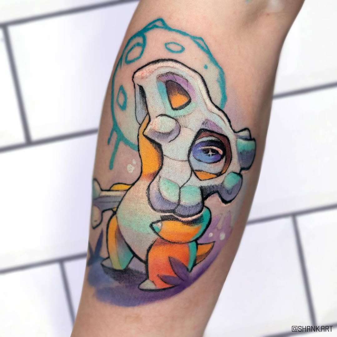 Pastel Cubone-inspired cartoon tattoo with bold outlines.