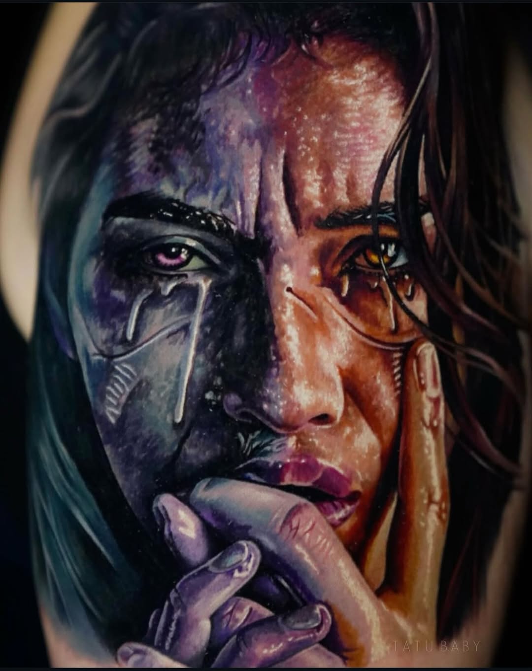 Hyperrealistic watercolor portrait of a woman on skin, hands at lips