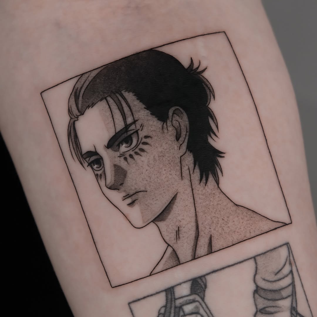 Manga-inspired black-and-gray portrait with dot shading