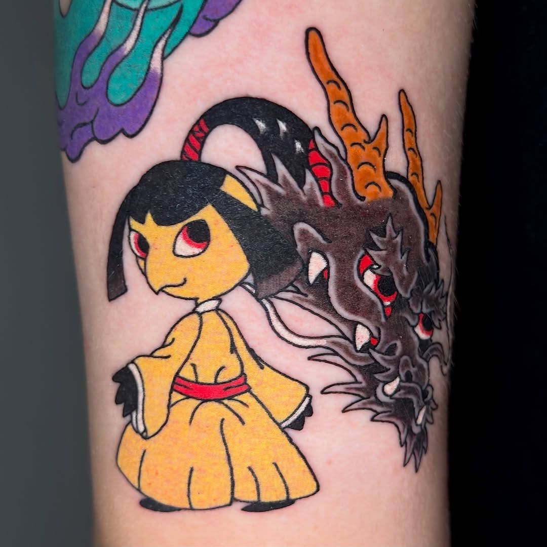 Bold anime-style girl in yellow kimono beside dragon
