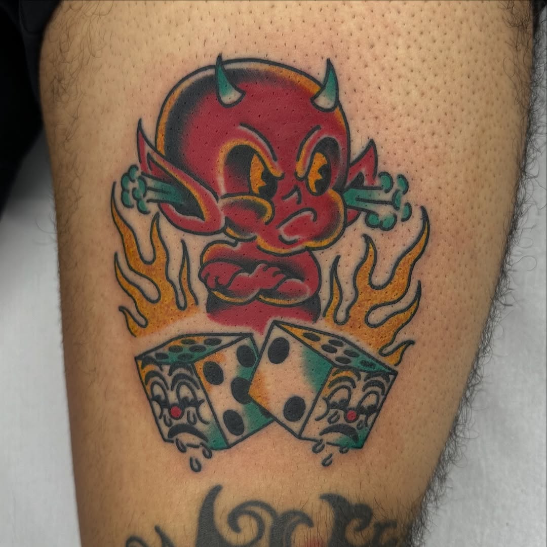 Bold traditional demon over rolling dice with flickering flames.