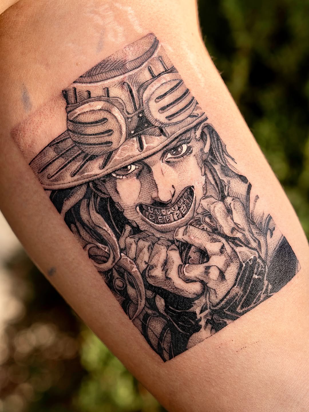 Bold manga-inspired Zeppeli portrait in black-and-gray shading
