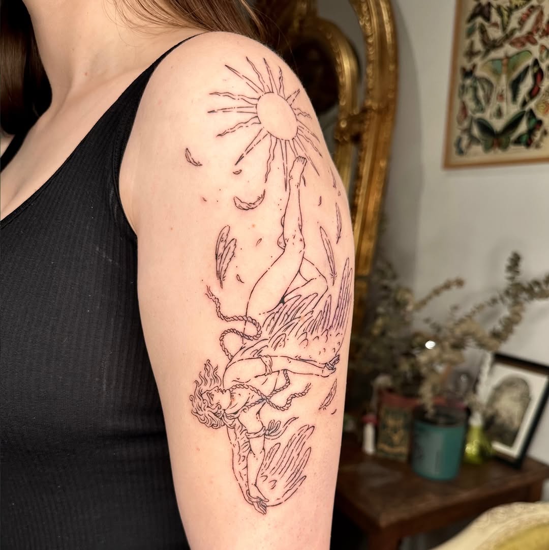 Minimal linework Icarus falling beneath a radiant sun