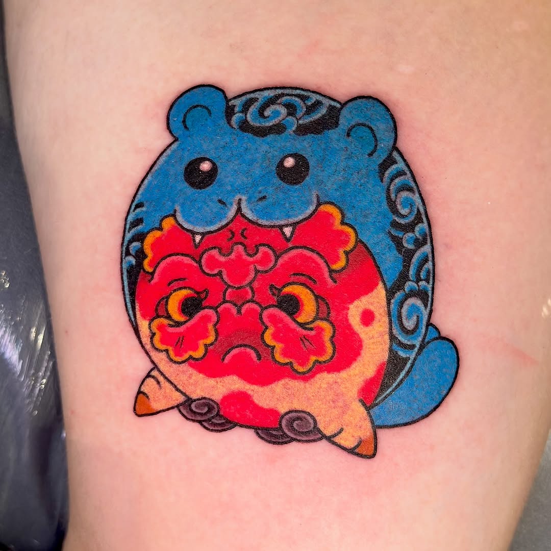 Vibrant cartoon Spheal over a ferocious orange oni