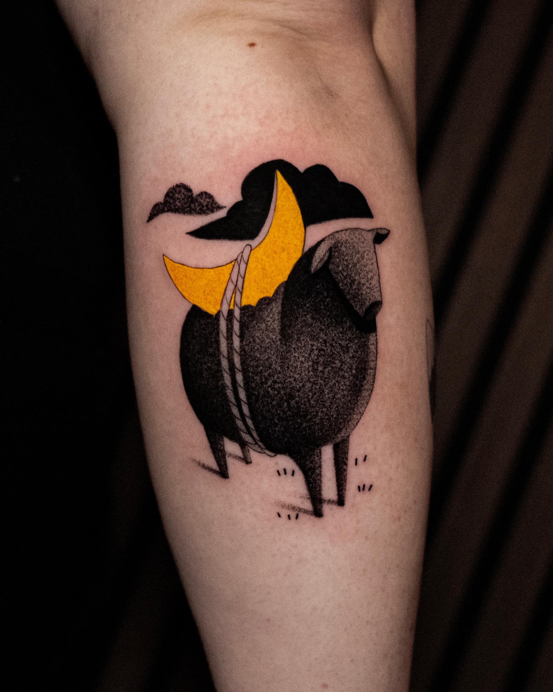 Whimsical black blob creature with bright yellow crescent.
