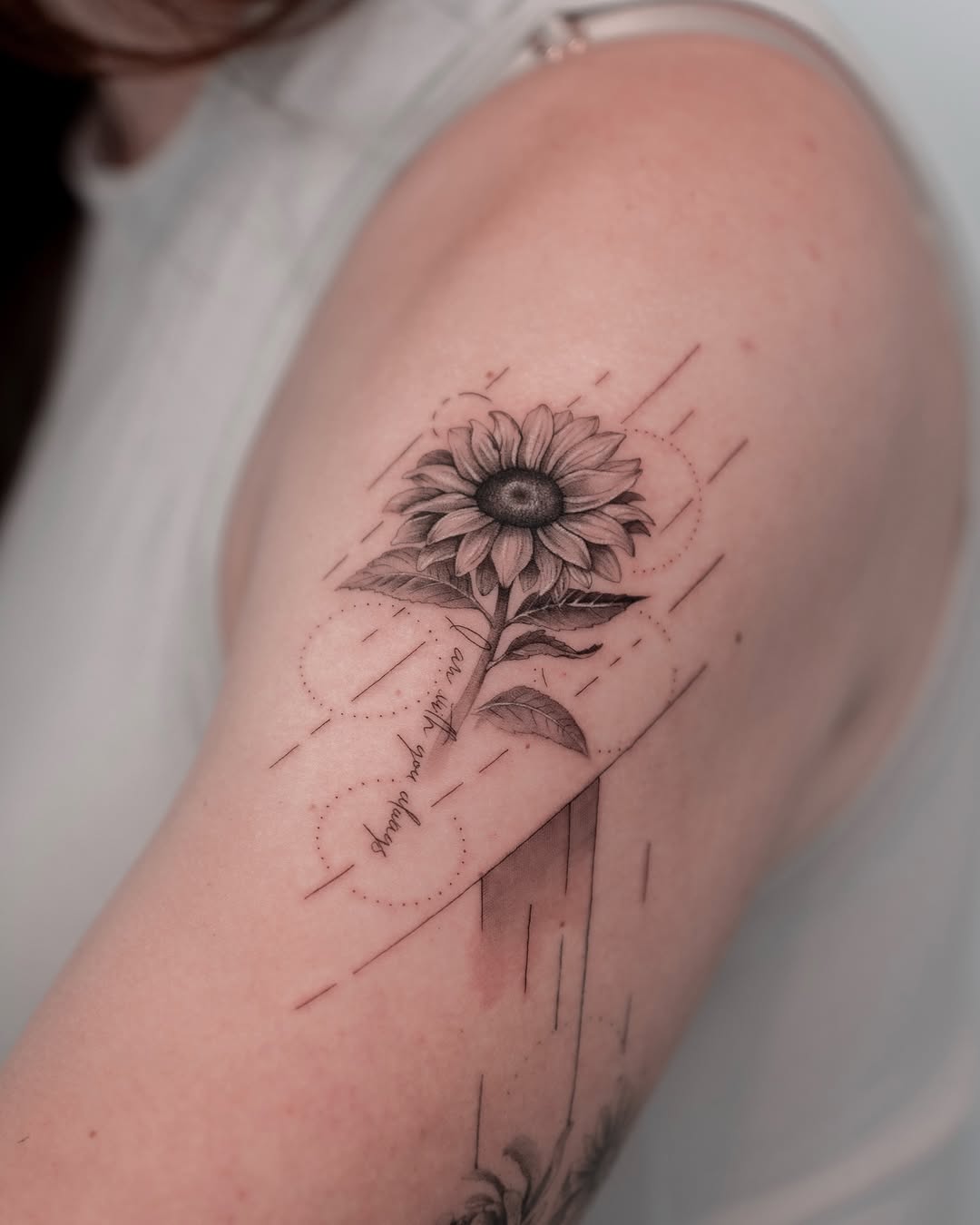 Delicate sunflower with geometric guides and fine-line shading