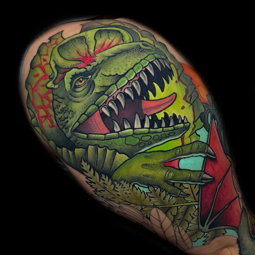 Bold neon greens with pink accents on a snarling T-rex