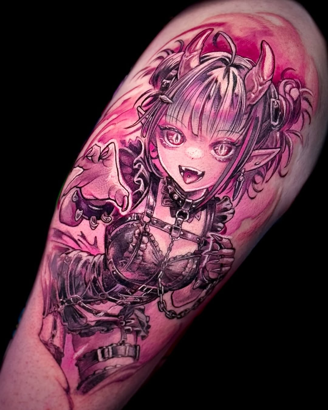 Vibrant pink anime-demon girl with bold linework