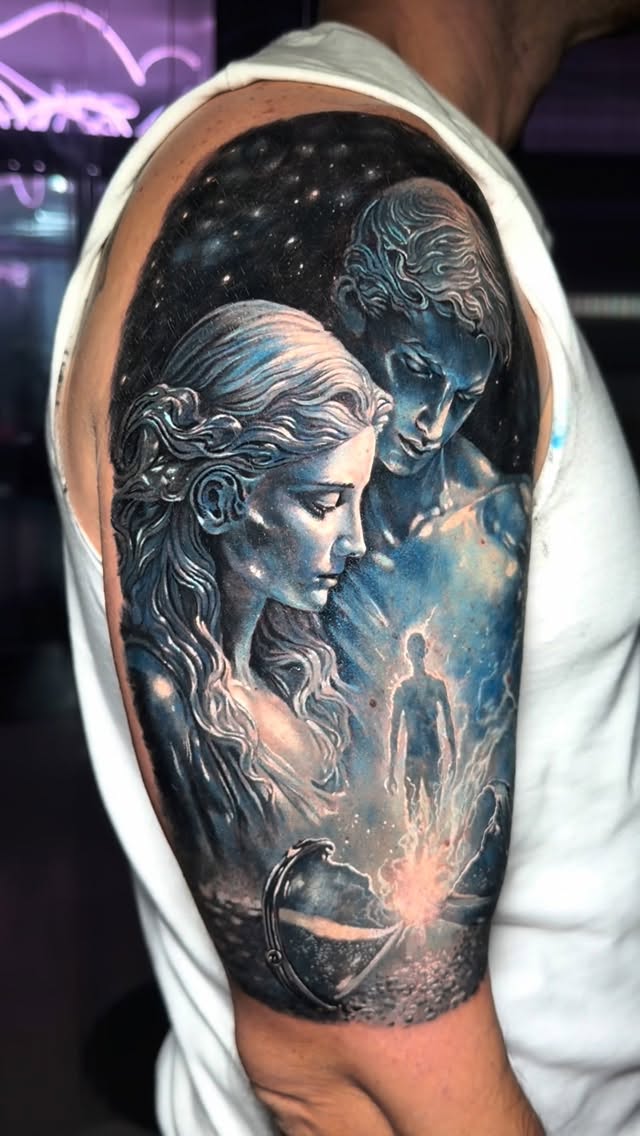 Intricate monochrome cosmic sleeve with celestial figures.