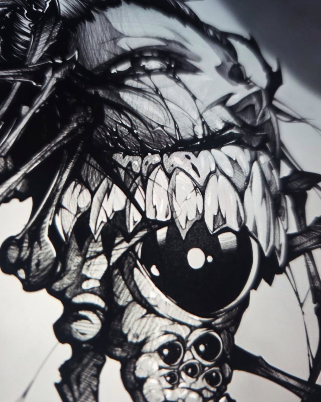 Bold blackwork skull with jagged teeth and dramatic contrast