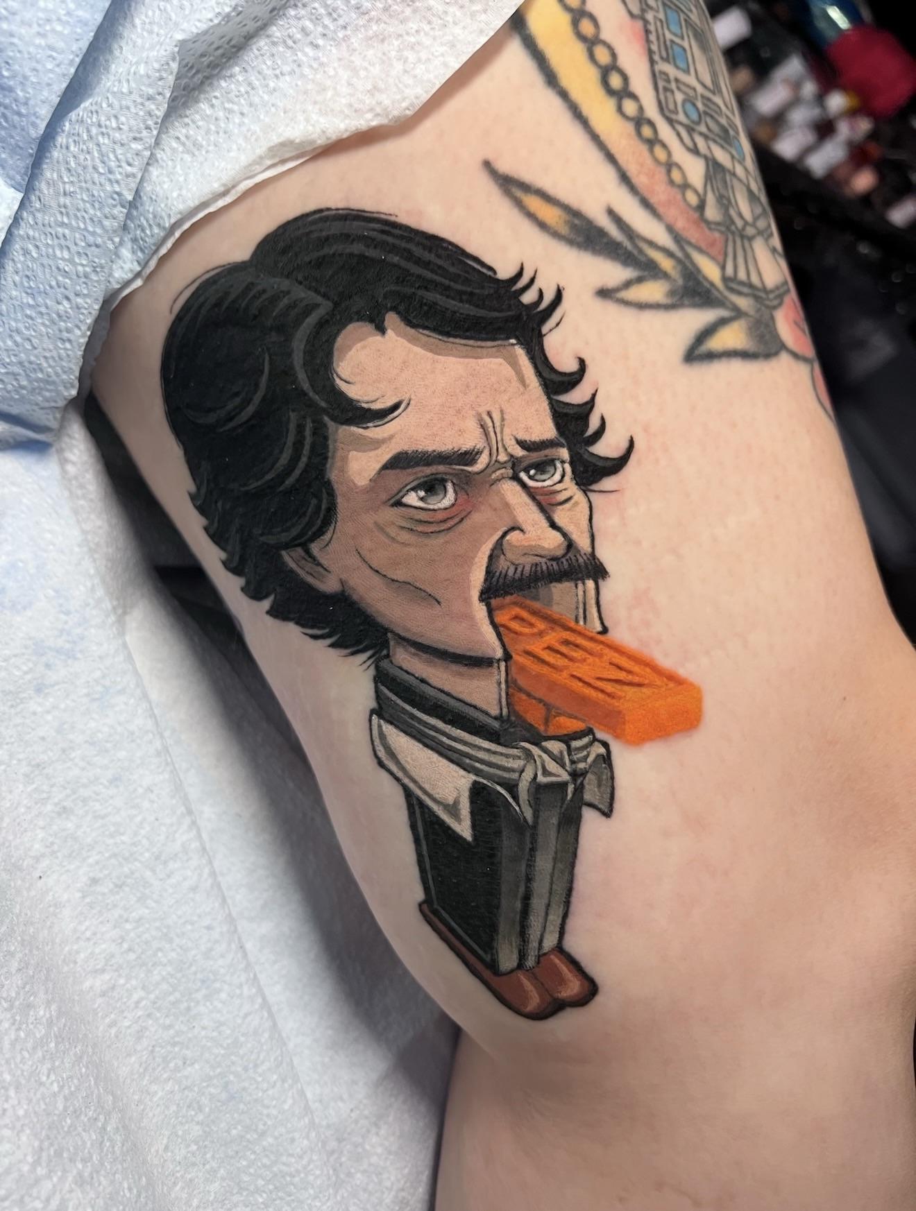 Caricatured Poe Pez dispenser portrait with bold colors