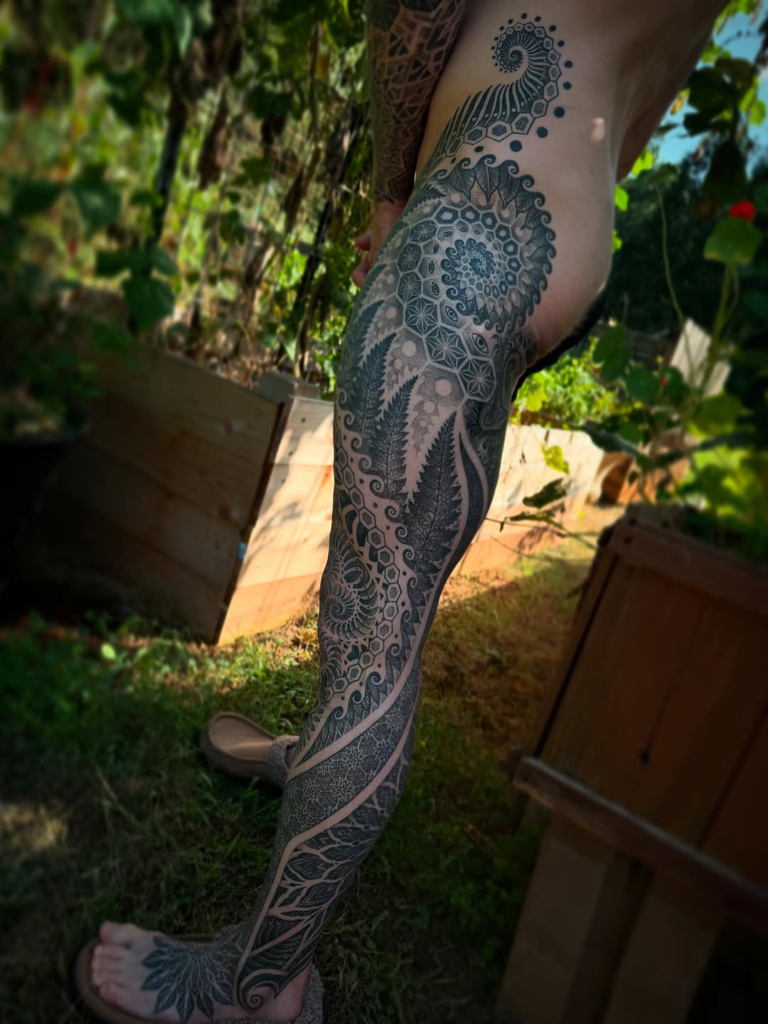 Intricate blackwork leg sleeve with mandala spirals and ferns