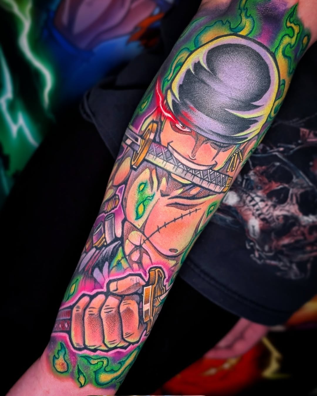 Bold neon anime-style Zoro sleeve with swords
